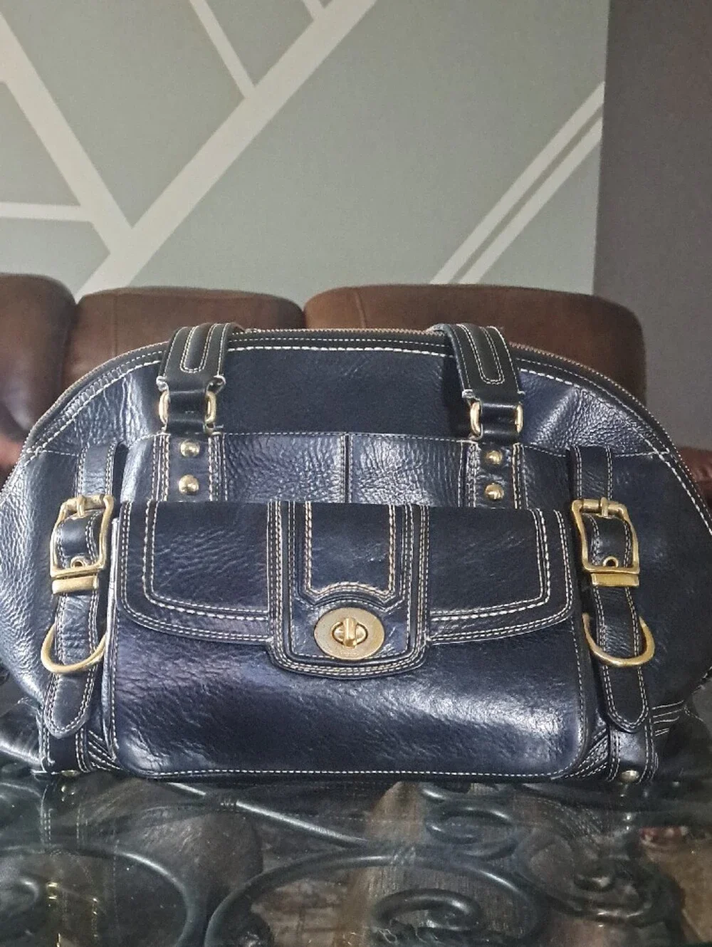 Classic Black Leather Satchel Handbag with Gold Hardware